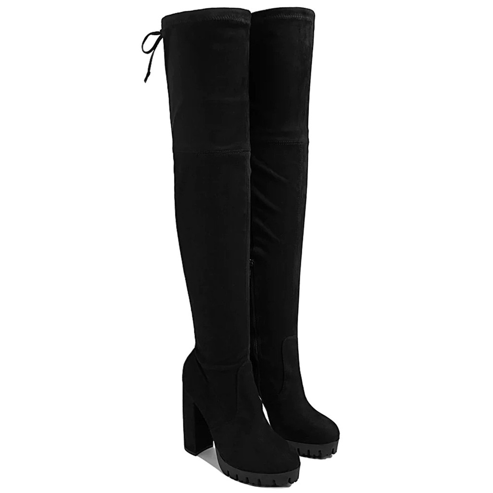 Black Top Lace Tie Thigh High Stretchy Boots - Picture 4 of 8
